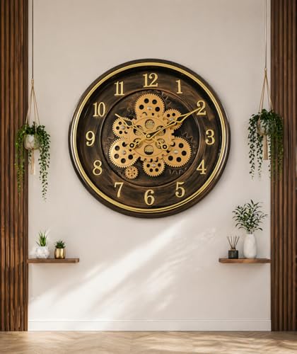 Image of Vintage Rotating, Big Size Moving Gears Wall Clock, (40 cms) 16 Inch Round Brown Mechanical Gear Design, Decorative Analog Clock for Living Room Office Hall
