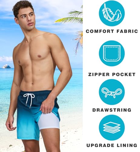 Image of Mens Swim Trunks Compression Liner No Mesh Swimming Trunks Men Swimwear Quick Dry Above Knee Zipper Pocket Swim Shorts