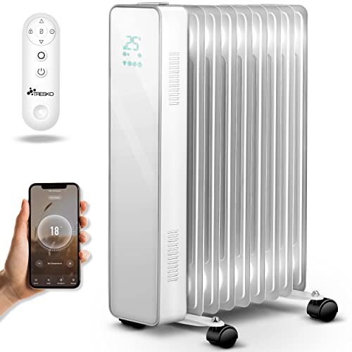 TRESKO Radiateur à bain d'huile WiFi / App-Control & Affichage LED | Chauffage électrique thermostat 9 ailettes de chauffage mobile télécommande économie d'énergie (Blanc / 2000W)