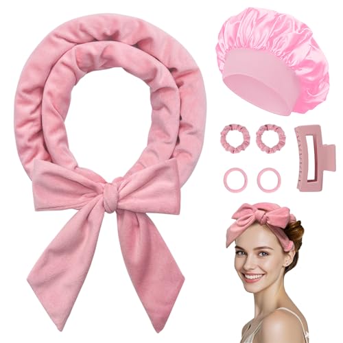 Baolivi Lot de 7 bigoudis en velours sans chaleur, doux pendant la nuit, sans chaleur pour dormir, sans chaleur, avec bonnet pour femmes et filles, 177,8 cm, rose
