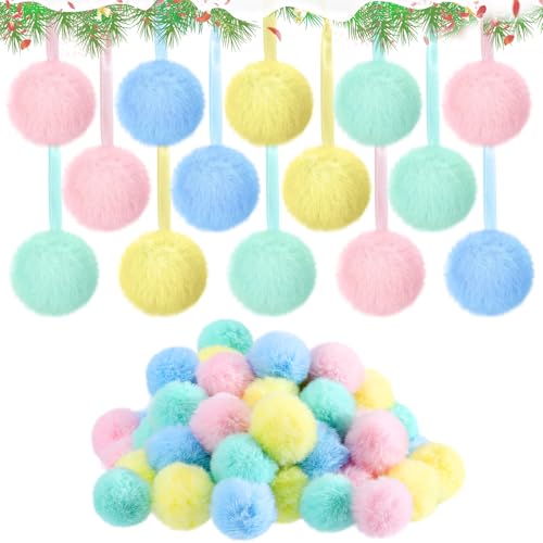 WILLBOND 60 Pcs Pastel Furry Christmas Ornaments 2 Inch Macaron Pom Pom Ball Hanging Decoration Yellow Pink Green Blue Fuzzy Fluffy Christmas Ornaments for Xmas Tree Wreath Home DIY Craft Party Decor
