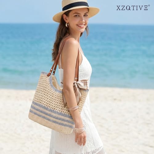Bolso tote de crochet tejido para mujer color caqui miniatura 2