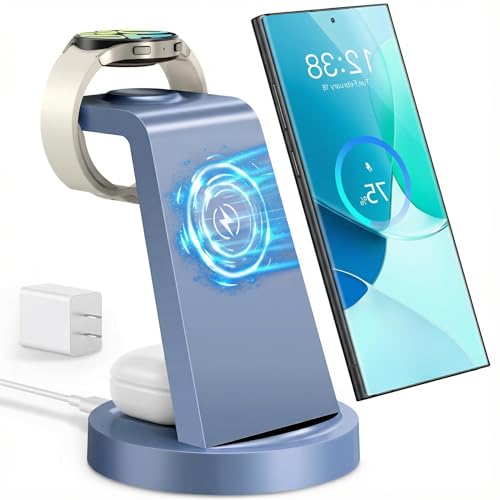 3 in 1 Wireless Charging Station for Samsung Galaxy Watch 8 7 6 5 4 3 Pro Classic Galaxy Buds - Charger Dock Stand for S25 S24 Ultra S23 S22 S21 Note Z Fold Android - Light Blue