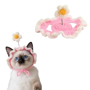 Cat Hat, Cute Flower Crochet Cat Hat Knitted Costume Headwear for Dog Puppy Pet Kitten Halloween Christmas Small Knit Cap Clothes Decoration (Pink)