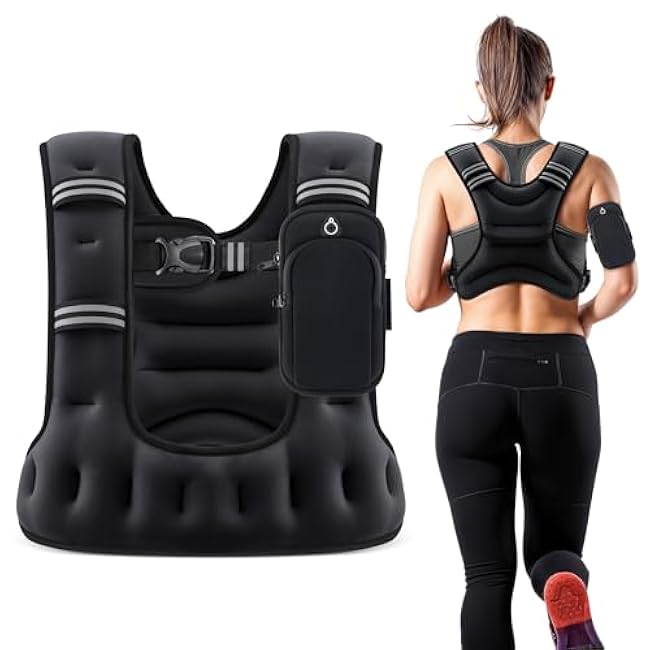 ZELUS Weighted Vest for Women Men, 6/8/12/16/20lb Weight Vest with Arm Pouch Reflective Strips, U-Shaped Rucking Vest for Strength Training Muscle Building, Walking Running Vest for Fitness