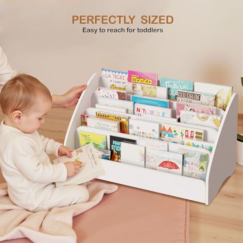 Image of Lkeiyay 4-Tier Small Wooden Kids Bookshelf for Toddlers, White Space-Saving Book Storage Organizer, Children's Book Rack for Nursery & Kids Room