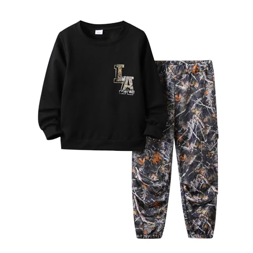 Image of Boy Clothes Plant Camouflage Pants LA Letter Print Top Sweatsuit Fall Boys Outfits Set