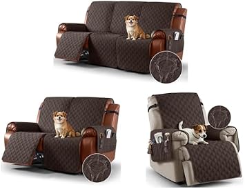 Ruaozz Waterproof Recliner Sofa Cover+ Recliner Loveseat Cover+ Recliner Chair Cover 1-Piece with Elastic Straps Pockets, Chocolate