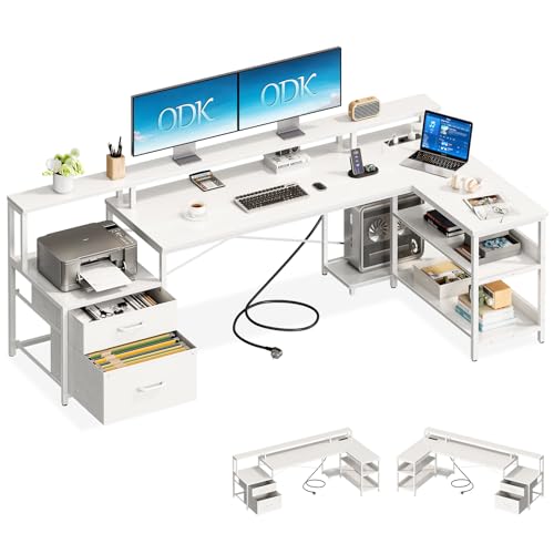 ODK Schreibtisch mit Schubladen, 189.3×100cm Reversibel Eckschreibtisch Groß mit 2 Steckdosen&USB Ladeanschluss, Schreibtisch L Form mit Stauraum, Gaming Tisch für Homeoffice, Weiß
