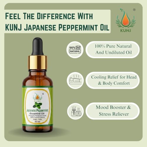 Image of KUNJ Japanese Peppermint Essential Oil 10ml - 100% Pure & Natural Undiluted Steam Distilled Oil for Hair Care, Scalp Massage, Aromatherapy, Diffuser, Skin Care & DIY Blends