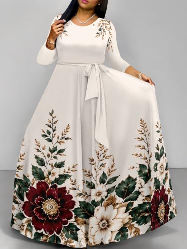 Image of Women Plus Size Long Sleeve V Neck Maxi Dress with Belt | Soft fabric relaxed fit three quarter sleeve v neck with pockets for party and daily wear
