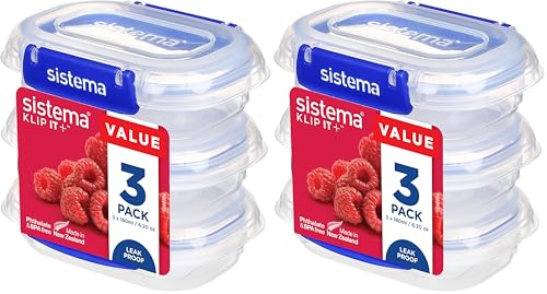 Sistema KLIP IT PLUS Food Storage Containers | 180ml Rectangle | Leak-Proof, Stackable & Airtight Fridge/Freezer Food Boxes with Lids | BPA-Free Plastic | Blue Clips | 3 Count (Pack of 2)