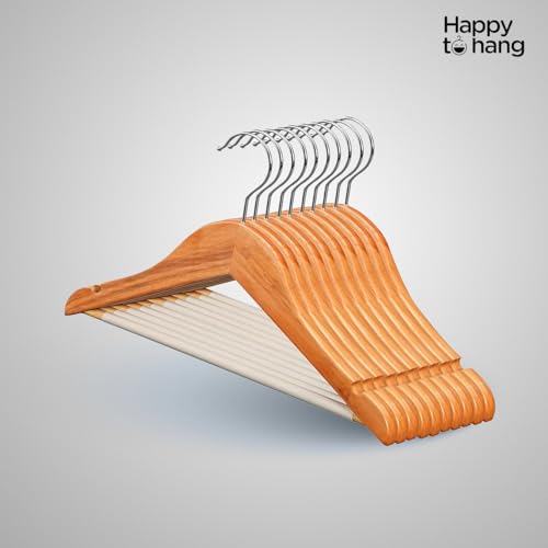 Image of Happy To Hang Timber Wooden Hangers | Premium Wooden Hanger Set with Non-Slip Bar & 360 Swivel Chrome Hook | Heavy-Duty Cloth Hangers for Shirts, Suits, Sarees & Wardrobe Storage | Pack of 16