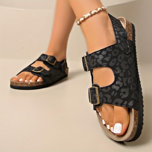 Large-sized women's leopard print thick-soled sandals - Adjustable buckle and toe opening design, artificial leather fabric and rubber outsole, suitable for casual or formal wear, durable4