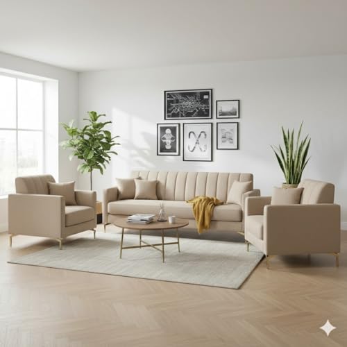 Image of 3+1+1 Seater Velum Fabric Sofa Set for Living Room, Modern Design with High Density Foam, Solid Wood Frame, Ergonomic Comfortable Seating for Home & Office (Beige, 3+1+1)