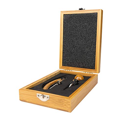 Grunwerg 3WS/BB Aperiti 2 Piece Connoisseur Set with Wine Bottle Opener Corkscrew & Wine Stopper in Exquisite Bamboo Gift Box, 11.5 cm x 16 cm x 4.5 cm