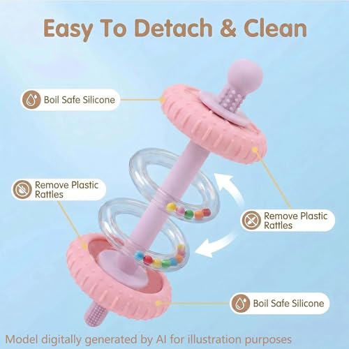 Image of Baby Teething Toys Baby Rattle Teething Straw 3-in-1 Barbell-Shaped, Made from Silicone, Built-in Toothbrush Head and Nipple Shape, Bpa-Free, Phthalate Free, Professionally Certified, Pink
