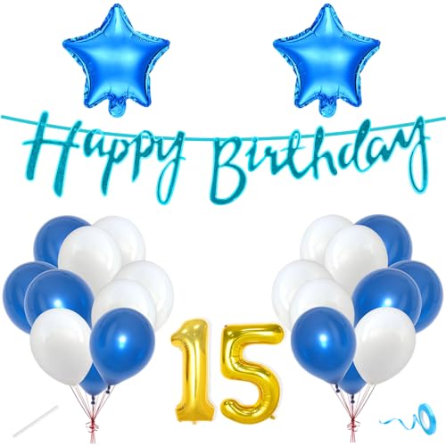 Image of Flyloons 15th Happy Birthday Decoration Kit Blue White for Boys Girls Kids Twins Men Women With 20 Pcs Metallic Balloons Birthday Banner 2 Pcs Star Items Set