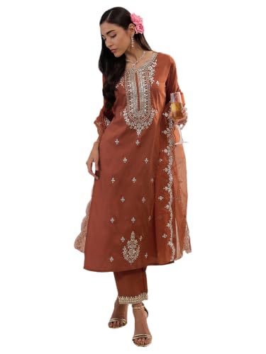 Image of INDO ERA Women's Silk Blend Embroidered Zari Work Straight Kurta & Pant Set | Cord Set For Women