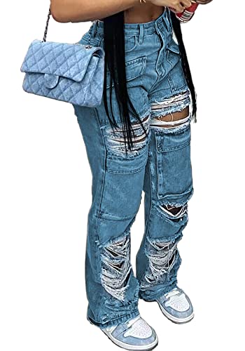 NRTHYE Womens High Waisted Straight Leg Ripped Jeans Casual Loose Distressed Denim Pants Wide Leg Jeans