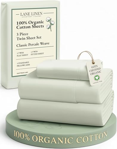 Image of LANE LINEN 100% Organic Cotton Twin Sheets, Soft & Comfy Percale Weave Mercerized Fully Elasticized Reinforsed Seam Naturally Temperature Regulating Cotton Sheets Twin- Mineral