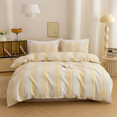 Image of Yellow Striped Duvet Cover Bedding Set 100% Washed Cotton Linen Like King