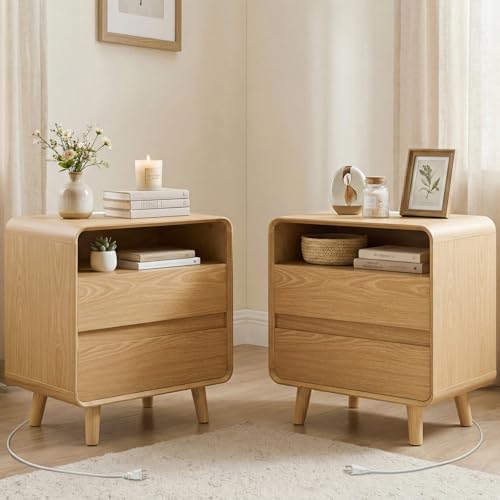 Image of Nasonet Night Stand with Charger Station, Mid Century Modern Nightstands Set of 2, Wood Bedside Table for Bedroom, Curved Beveled Design, Oak