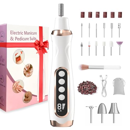 XunmotorYao Fresa per Unghie Professionale 20000 RPM Lima per Unghie Elettrica Senze Fili con Display LCD Manicure e Pedicure Elettrico tipo USB Trapano Chiodo per Casa e Salone 15 in 1 Set Blanco