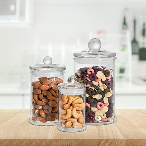 Suwimut Set of 3 Glass Apothecary Jars with Lids, Bathroom Canisters Storage Container Jars, Decorative Small Glass Apothecary Jar for Cotton Swabs, Cotton Balls, Makeup Sponges, Bath Salts