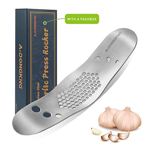 Garlic Press Rocker & Leaf Herb Stripper With Silicone Roller Peeler And Bottle Opener(Color Random), Stainless Steel Garlic Crusher Chopper Squeezer Slicer Mincer Press #TOP1