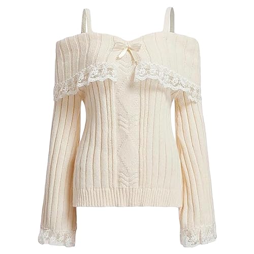 Women Off Shoulder Sweater Top Y2K Aesthetic Long Sleeve Lace Trim Knit Pullover Sweater Cutecore Kawaii Clothes