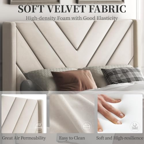Image of Yaheetech Twin Bed Frame Upholstered Platform Bed /Wooden Slat Support /Tufted Headboard with Wing Side /Mattress Foundation /No Box Spring Needed,Beige Twin
