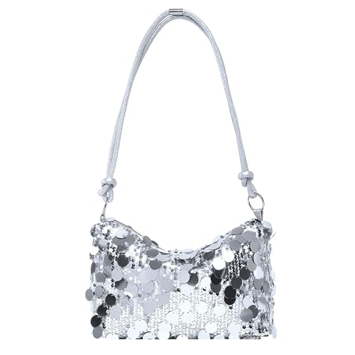Uoocg Bolso de mano de plata con purpurina con lentejuelas para mujer, bolso de noche, alta capacidad, con cierre de cremallera, bolso para fiesta, boda, banquete, plata, Mittelgroße