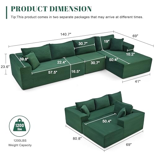 Image of Mangodan 140 inch Cloud Sectional Couch, Boneless Sofa for Living Room, Modular Sectional Sofa with Deep Seat, Comfy Fluffy L-Shaped Couch with Right-Facing Chaise, No Assembly Required, Green
