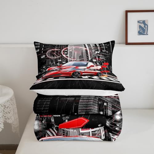 Image of Feelyou Red Race car Comforter Set for Girls Boys Racing Car Comforter Speed Sports Car Bedding Set Room Decor Extreme Sports Duvet Set Automobile Full Size Quilt 3Pcs Boys