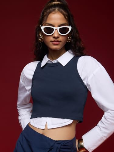 Image of The Souled Store Women Cotton Blend Solid Slim Fit Blouse