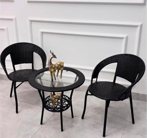 Image of India 2+1 Outdoor Indoor Patio Furniture Sets Rattan Chair Patio Set Conversation Set Bistro Set Chairs Balcony Outdoor Garden Furniture Chair (Black Color)