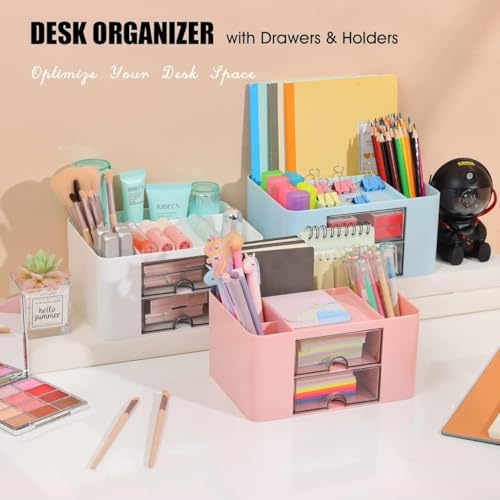 Image of NXTBUY Plastic Desk Organizer with Drawer | Desktop Office Stationery Storage Box | Desk Accessories Organizer | Mobile Phone Holder | Table Organizer for Study & Office Use (Pink)