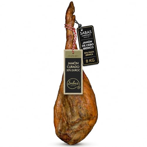 SABE A SABAS Jamon Curado 50% Duroc Gran Reserva Pieza Entera 8 kg Bodegas Curacion Natural Sin Gluten Sin LactosaTradicion Desde 1987 Corte Facil Bocadillos Tapas Aperitivos Regalo Gourmet Navidad