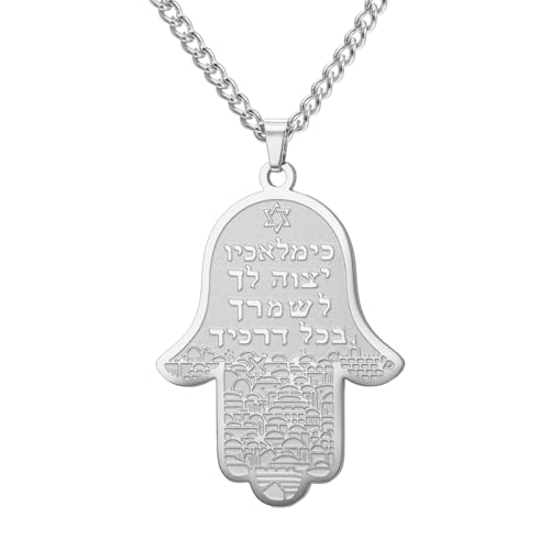 Dreamtimes Hamsa Jerusalem Pendant Necklace with Star of David Stainless Steel Islamic Hand of Fatima Heart Oval Allah Necklaces Charm Protection Pendant Necklace for Women Men