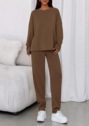 PRETTYGARDEN Womens 2 Piece Matching Lounge Sets 2025 Fall Long Sleeve Boatneck Sweatsuit Drawstring Sweatpants Pockets2