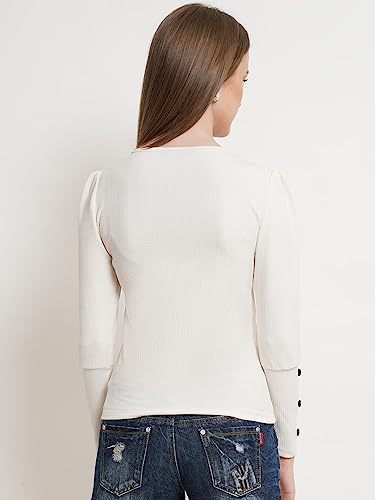Image of POPWINGS Casual Solid Puff Button Long Sleeves Top for Women || Summer Round Neck Stylish Western Top for Jeans