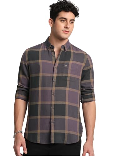Image of Men Purple Checked Slim Fit Cotton Casual Shirt