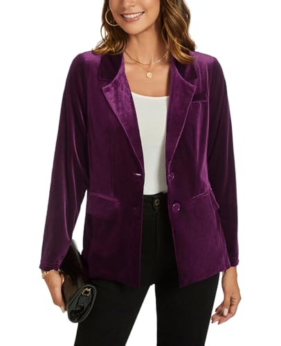 MINTLIMIT Womens Velvet Jacket Casual Work Office Long Sleeve Lapel Collar Button Blazer Jackets with Pockets Outerwear, Purple