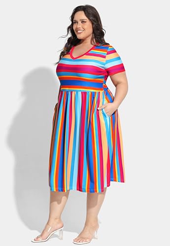 Image of RITERA Plus Size Dresses for Curvy Women Summer Spring Womens Dress V Neck Short Sleeve Casual Dress with Pockets XL-5XL