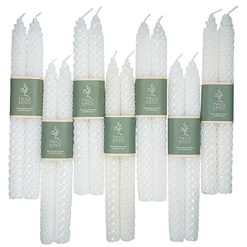 Twigs & Birch Tall Taper Candles Pack (14 White Beeswax Candles) – 7 Pairs of 100% Natural Canadian Beeswax Taper Candles – Smokeless Air-Purifying Burn - 9 inch Long Candles, Natural Colors