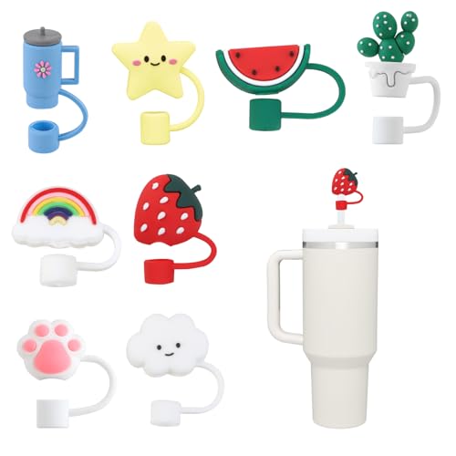 8Pcs Straw Covers Cap Cute Drinking Dust-Proof Silicone Straw Toppers Cartoon Caps 10mm Reusable Cover Tips for Stanley Cup 40/30 Oz Tumbler Accessories Multiple Colors