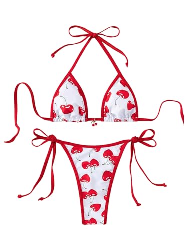 WDIRARA Women's 2 Piece Cherry Print Halter Bikini Set String Triangle Swimsuit Bathing Suit