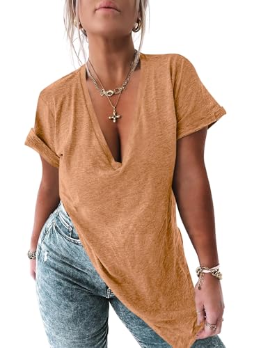 Image of Womens Deep V Neck T Shirts Oversized Side Split Summer Sexy Tunic Tops