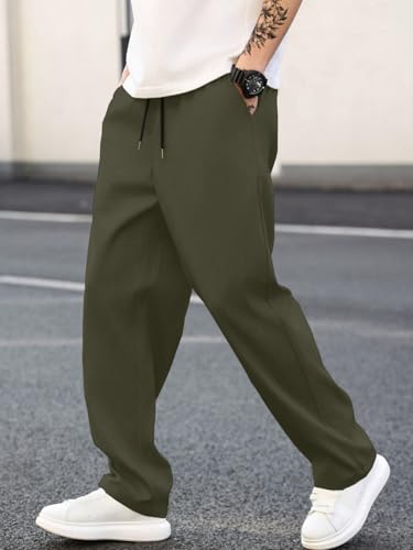 Image of MULAVRI Solid Drawstring Relexed Fit Modern Straight Leg Pants for Men's